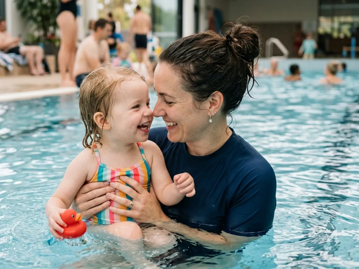 A parent and toddler face to face in the shallow end of an indoor pool, a rubber duck floating beside them.