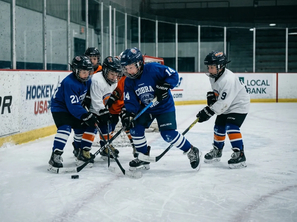 Five children in full hockey pads competing for the puck along the boards of an indoor rink.