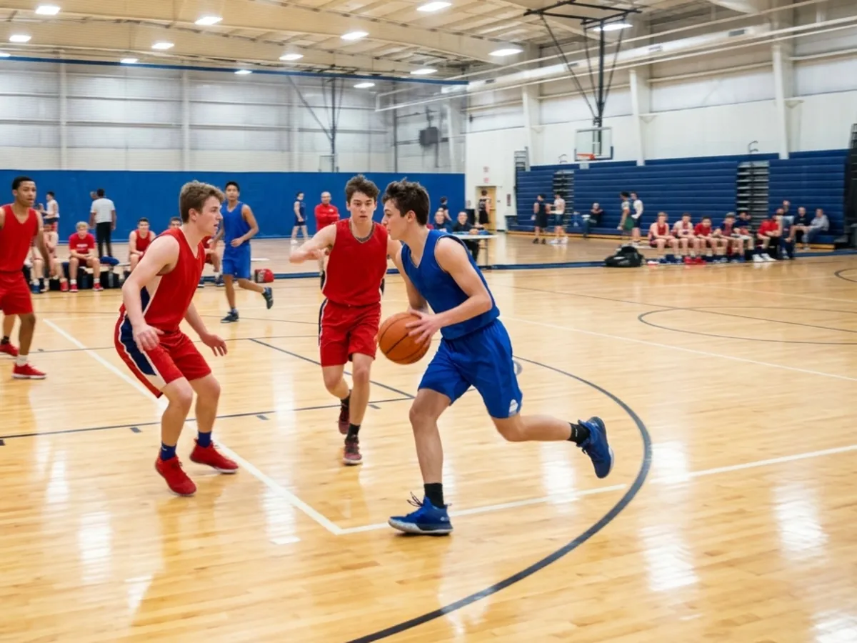 Teenagers mid-play on an indoor basketball court, a ball handler driving toward the hoop.