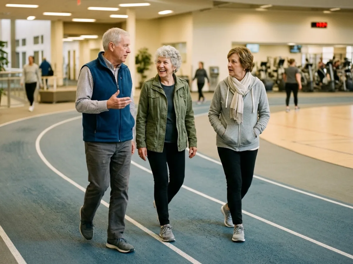 Three older adults walking and talking together on a ground-level indoor track beside a fitness floor.