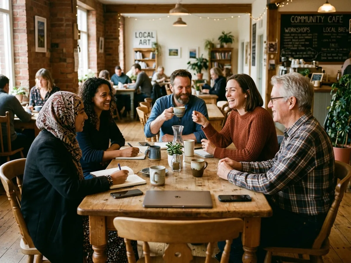 Five people laughing around a long table with coffee and notebooks in a community cafe.